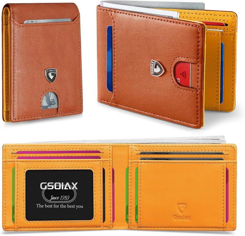 GSOIAX Slim Wallet for Men RFID Blocking Bifold Wallet Carbon Fiber Front Pocket Wallet with 11 Card Holder Minimalist Mens Wallet with Gift Box(Z-Brown and Yellow) - Image 1